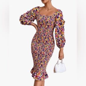 PRETTYGARDEN Womens Small Long Puff Sleeve Floral Midi Bodycon Dress Square Neck